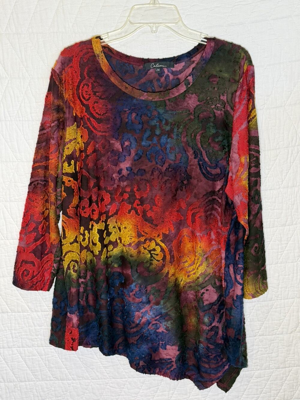 Calessa Tunic Top 2X Burnout Knit Asymmetric velvet accents Artsy 3/4 Sleeve